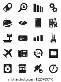 Set of vector isolated black icon - ticket vector, office binder, well, eye, diet, plane, satellite, phone, 24 hours, sorting, heavy scales, speaker, back, folder, gear, usb flash, consumer search