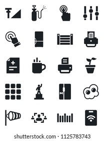 Set of vector isolated black icon - hot cup vector, wind, pedestal, printer, seedling, garden sprayer, diagnosis, container, barcode, settings, touch screen, menu, cellular signal, hr, fridge