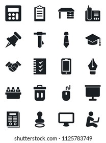 Set of vector isolated black icon - stamp vector, mobile phone, graduate, mouse, desk, tie, meeting, monitor, radio, paper pin, calculator, clipboard, presentation board, ink pen, checklist