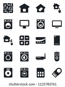 Set of vector isolated black icon - washer vector, calculator, monitor, speaker, phone back, sim, smart home, credit card, control, chip, remote, router, usb flash