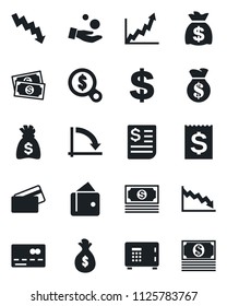 Set of vector isolated black icon - credit card vector, safe, dollar sign, money bag, crisis graph, cash, receipt, wallet, growth, search, investment