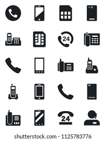 Set of vector isolated black icon - phone vector, mobile, office, 24 hours, cell, radio, back, call, sim, support