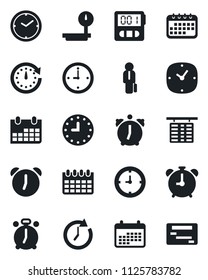 Set of vector isolated black icon - alarm clock vector, flight table, calendar, heavy scales, stopwatch, manager, schedule