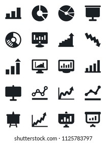 Set of vector isolated black icon - growth statistic vector, presentation board, crisis graph, monitor, circle chart, statistics, bar, pie, point
