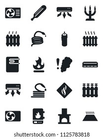 Set of vector isolated black icon - fire vector, hose, fireplace, thermometer, heater, air conditioner, candle, water, smoke detector, radiator, warm floor