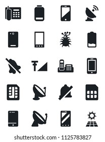 Set of vector isolated black icon - satellite antenna vector, mobile phone, virus, cell, low battery, back, sim, mute, cellular signal, office, sun panel