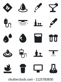 Set of vector isolated black icon - water drop vector, dropper, flammable, monitor, alcohol, drink, cocktail, filter, sprinkler, flask