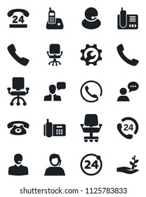 Set of vector isolated black icon - 24 around vector, office chair, phone, hours, support, speaker, radio, call, root setup, palm sproute