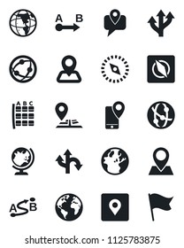 Set of vector isolated black icon - globe vector, seat map, route, navigation, earth, pin, mobile tracking, network, place tag, compass, flag