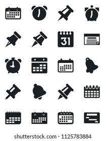 Set of vector isolated black icon - alarm clock vector, drawing pin, calendar, term, paper, bell, schedule