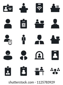 Set of vector isolated black icon - reception vector, manager, identity card, place, patient, user, desk, estate agent, pass, group