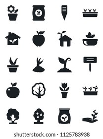 Set of vector isolated black icon - flower in pot vector, seedling, tree, sproute, plant label, fertilizer, fruit, salad, apple, eco house, palm