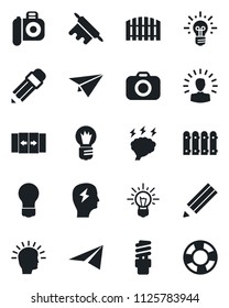 Set of vector isolated black icon - automatic door vector, brainstorm, bulb, camera, pencil, fence, rolling pin, energy saving, shining head, idea, paper plane, crisis management