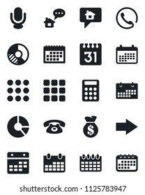 Set of vector isolated black icon - right arrow vector, calendar, circle chart, microphone, menu, calculator, phone, home message, money bag