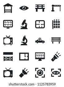 Set of vector isolated black icon - barrier vector, tv, alarm car, seat map, bench, monitor pulse, microscope, eye, torch, plan, alcove, scan