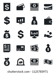 Set of vector isolated black icon - credit card vector, ticket office, dollar sign, money bag, statistic monitor, cash, receipt, wallet, investment
