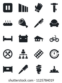 Set of vector isolated black icon - fence vector, hierarchy, pen, tie, glove, pills blister, bike, sorting, pause button, house with garage, bedroom, cushioned furniture, cafe, bread, ham, battery