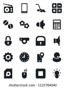 Set of vector isolated black icon - gear vector, calculator, mouse, lawn mower, pills, support, mobile tracking, clock, radio, speaker, stop button, lock, document search, web camera, bulb