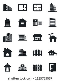 Set of vector isolated black icon - house vector, garden light, hospital, store, office building, with garage, fence, plan, city, eco, door