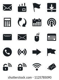 Set of vector isolated black icon - phone vector, right arrow, mail, mouse, calendar, update, download, calculator, wireless, lock, flag