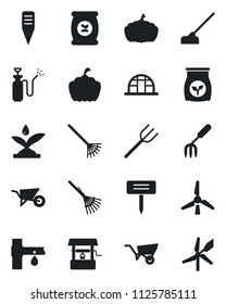Set of vector isolated black icon - garden fork vector, farm, rake, wheelbarrow, well, hoe, plant label, pumpkin, greenhouse, sprayer, fertilizer, drip irrigation, windmill
