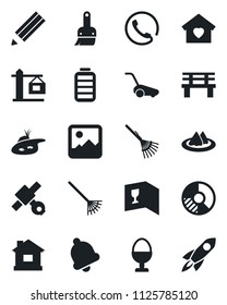 Set of vector isolated black icon - circle chart vector, rake, lawn mower, house, bench, satellite, battery, gallery, themes, bell, pencil, pond, sweet home, crane, phone, serviette, wine card