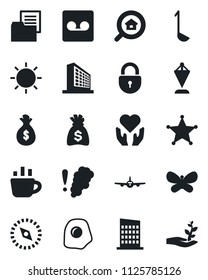 Set of vector isolated black icon - plane vector, lock, office building, pennant, money bag, coffee, butterfly, sun, heart hand, folder document, record, compass, estate search, city house, ladle