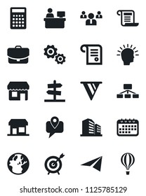 Set of vector isolated black icon - team vector, manager place, mobile tracking, target, gear, shining head, pennon, earth, calendar, case, calculator, paper plane, hierarchy, contract, storefront