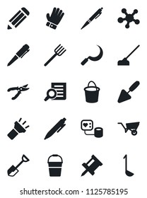 Set of vector isolated black icon - document search vector, pen, pencil, trowel, shovel, farm fork, wheelbarrow, bucket, pruner, glove, hoe, sickle, blood pressure, share, torch, drawing pin, ladle