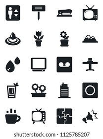 Set of vector isolated black icon - elevator vector, coffee, flower in pot, plant label, tv, record, application, stapler, mountains, city house, restaurant table, phyto bar, water, advertising