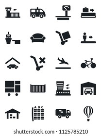 Set of vector isolated black icon - arrival vector, baggage conveyor, escalator, waiting area, seat map, airport building, ambulance car, bike, cargo container, sea port, consolidated, no trolley