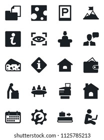 Set of vector isolated black icon - baggage conveyor vector, parking, baby room, reception, meeting, house, term, folder document, speaker, root setup, copier, cheese, eye scan, information, wallet