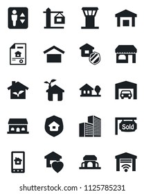 Set of vector isolated black icon - airport tower vector, elevator, shop, warehouse storage, office building, house with tree, garage, estate document, sold signboard, sweet home, crane, insurance