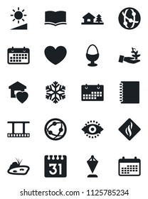Set of vector isolated black icon - book vector, pennant, heart, term, film frame, network, calendar, brightness, eye id, copybook, house with tree, pond, sweet home, egg stand, snowflake