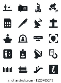 Set of vector isolated black icon - elevator vector, escalator, signpost, reception, identity card, document reload, office phone, barcode, satellite antenna, sim, face id, pen, reserved