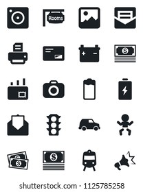 Set of vector isolated black icon - train vector, baby, printer, cash, traffic light, camera, battery, mail, mobile, gallery, rooms, car, advertising