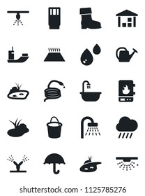 Set of vector isolated black icon - shower vector, watering can, bucket, boot, rain, hose, pond, sea shipping, umbrella, warehouse, bathroom, drink, irrigation, water heater, warm floor, sprinkler