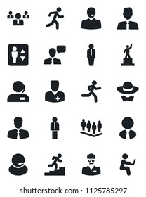 Set of vector isolated black icon - elevator vector, manager, pedestal, team, run, doctor, support, client, speaker, career ladder, estate agent, dress code, man with notebook