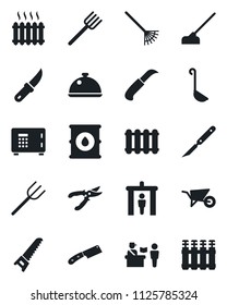 Set of vector isolated black icon - passport control vector, security gate, safe, farm fork, rake, wheelbarrow, pruner, saw, hoe, garden knife, scalpel, oil barrel, heater, dish, ladle, radiator