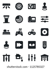 Set of vector isolated black icon - airport tower vector, baggage conveyor, security gate, stamp, radar, gamepad, settings, fast forward, rec button, tuning, record, air conditioner, home control