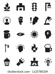 Set of vector isolated black icon - sun vector, brainstorm, fire, garden light, eye, traffic, torch, desk lamp, fireplace, beer, smoke detector, energy saving bulb, outdoor, shining head, idea
