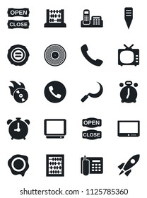 Set of vector isolated black icon - alarm clock vector, phone, abacus, stamp, sickle, plant label, vinyl, flame disk, tv, call, office, open close, rocket