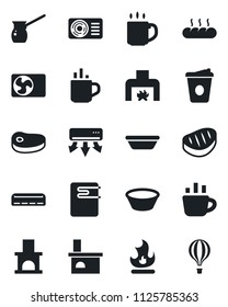 Set of vector isolated black icon - hot cup vector, coffee, fire, fireplace, air conditioner, bread, steak, bowl, turkish, water heater, balloon