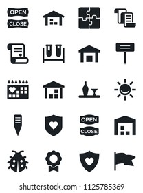 Set of vector isolated black icon - contract vector, lady bug, plant label, blood test vial, heart shield, medical calendar, warehouse, application, sertificate, alcohol, open close, alarm led, flag
