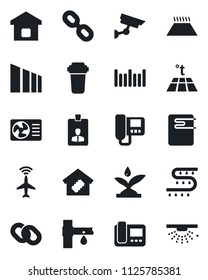 Set of vector isolated black icon - plane radar vector, identity card, drip irrigation, sorting, barcode, chain, smart home, water heater, air conditioner, intercome, filter, warm floor, sprinkler