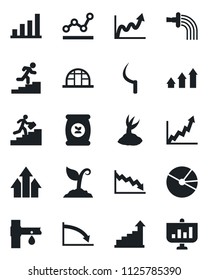 Set of vector isolated black icon - growth statistic vector, watering, sproute, sickle, greenhouse, fertilizer, drip irrigation, bar graph, pie, point, career ladder, arrow up, crisis, presentation