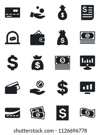 Set of vector isolated black icon - credit card vector, ticket office, dollar sign, money bag, statistic monitor, cash, receipt, wallet, investment