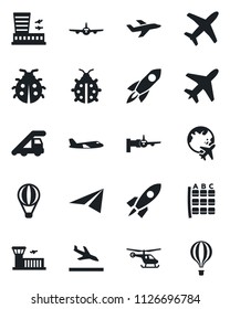 Set of vector isolated black icon - plane vector, arrival, ladder car, boarding, helicopter, seat map, globe, airport building, lady bug, rocket, paper, air balloon