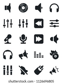 Set of vector isolated black icon - vinyl vector, flame disk, microphone, speaker, loudspeaker, settings, equalizer, headphones, fast forward, rewind, rca, tuning, mute, sound, advertising