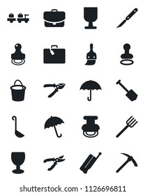 Set of vector isolated black icon - suitcase vector, umbrella, stamp, baggage larry, job, farm fork, bucket, pruner, scalpel, fragile, themes, ladle, case, hard work